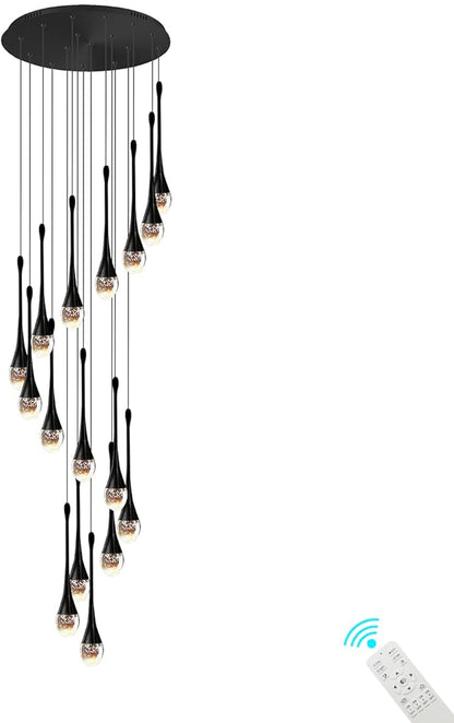 ykolupty Modern Crystal Chandeliers LED Dimmable Stairwell Chandelier Black Teardrop Chandelier Large Pendant Light for Entryway Foyer Living Room