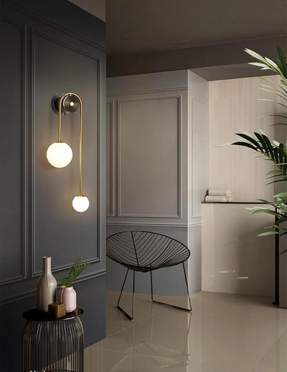 Modern Wall Sconce Set of 2 Mid Century Black Gold Wall Lamp with 2 Milk Glass Shade U-Shape Linear Wall Light for Bedside Dining Room Bathroom,Hard-Wired Install