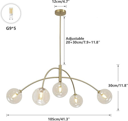 Mid Century Modern Sputnik Chandelier 5-Light Gold Glass Ceiling Light Large Brass Chandelier for Dining Room Kitchen Bedroom