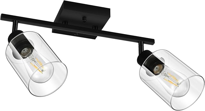 BoostArea LED 2 Light Track Lighting Kit, 2 Way Ceiling Spot Lighting with Glass Lampshade, Flexibly Rotatable Light Head for Kitchen, Living Room, Bedroom, Bulb Not Included