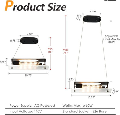 Black Linear Pendant Light, Adjustable Height Modern Chandelier with Glass Shade, Industrial Hanging Lighting Fixture for Kitchen Island, Dining Room, Cafe, Bar, Sink