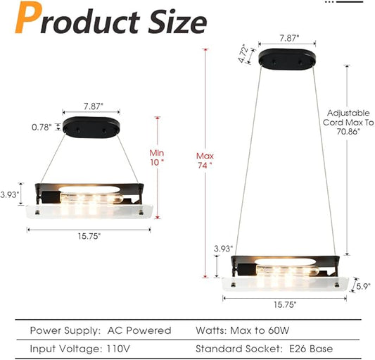 Black Linear Pendant Light, Adjustable Height Modern Chandelier with Glass Shade, Industrial Hanging Lighting Fixture for Kitchen Island, Dining Room, Cafe, Bar, Sink