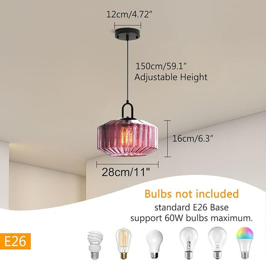 Mid Century Hanging Light Purple Glass Ceiling Pendant Lights Kitchen Island Vintage Pendant Lighting Striped Glass Globe Shade Modern Dining Room Pendant Light fixtures Black Finish