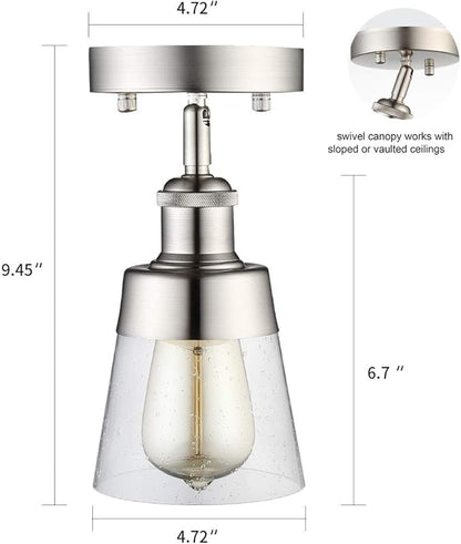 Fivess Lighting Modern Glass Flush Mount Light Fixture Mini Clear Seeded Glass Shade Semi Flush Mount Ceiling Light for Hallway Living Room Bedroom Kitchen Entryway, Brushed Nickel