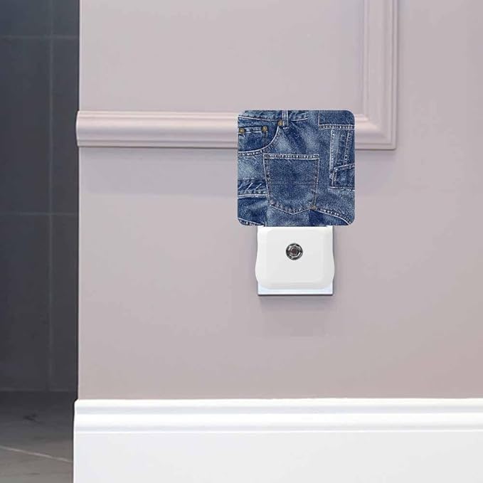 Denim Patchwork Night Light Plug-into Wall Indigo Blue Nightlight Lamp with Dusk to Dawn Sensor, Led Lamp 0.5W Energy Efficient for Home Decor