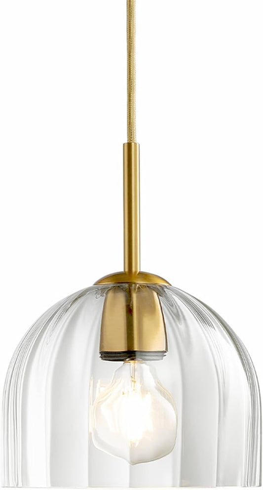Modern Pendant Light Kitchen Island, Nordic Boho Dome Chandelier, 7.86" Bell Lamp Shape Hanging Ceiling Lighting Fixture with Clear Striped Glass Lampshade Dining Room