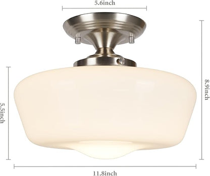 Schoolhouse Style Semi Flush Mount Ceiling Light Fixture, 12" Modern Hallway Ceiling Lamp with Opal Milk Glass Shade Brass, Farmhouse Globe Light for Bedroom Kitchen Hallway Entryway Laundry