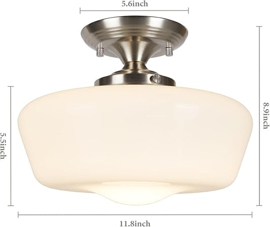 Schoolhouse Style Semi Flush Mount Ceiling Light Fixture, 12" Modern Hallway Ceiling Lamp with Opal Milk Glass Shade Brass, Farmhouse Globe Light for Bedroom Kitchen Hallway Entryway Laundry