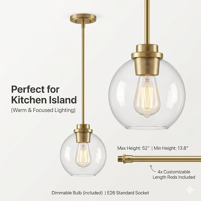 Gold Pendant Light, 7 Inch Clear Glass Farmhouse Hanging Fixture, Adjustable Height & Sloped Ceiling Compatible for Kitchen Island Dining Room Entryway Bedroom Hallway, 3 Pack
