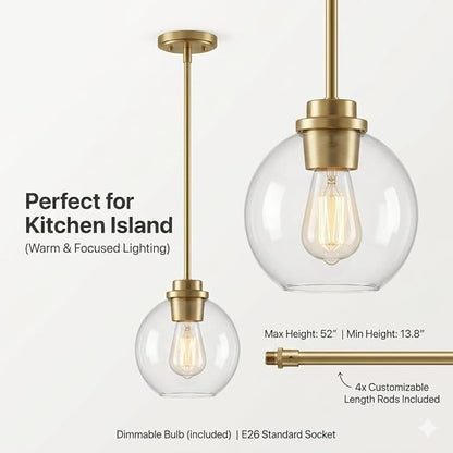 Gold Pendant Light, 7 Inch Clear Glass Farmhouse Hanging Fixture, Adjustable Height & Sloped Ceiling Compatible for Kitchen Island Dining Room Entryway Bedroom Hallway, 3 Pack