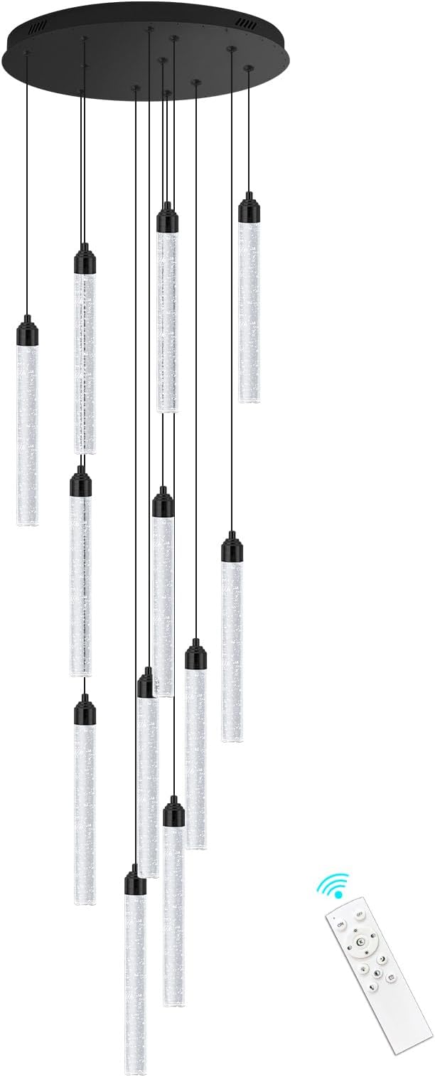 12-Lights Modern Chandeliers for Entryway High Ceiling Chandelier LED Dimmable Long Lights Fixture Pendants Lighting Crystal Chandeliers for Hallway Foyer Living Room Black Finished Lighting