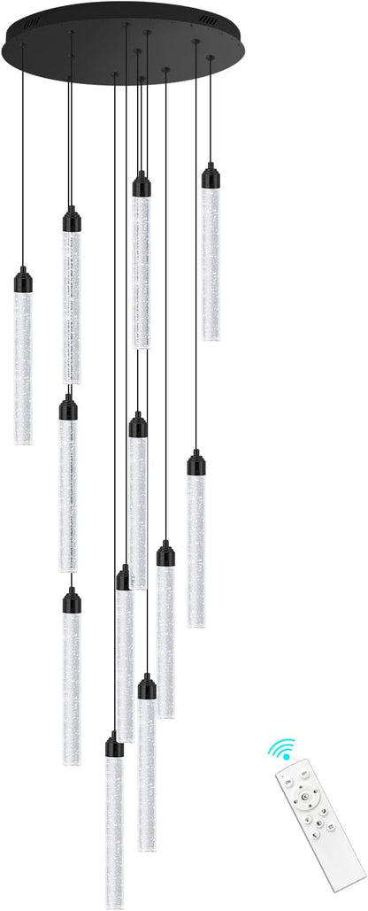 12-Lights Modern Chandeliers for Entryway High Ceiling Chandelier LED Dimmable Long Lights Fixture Pendants Lighting Crystal Chandeliers for Hallway Foyer Living Room Black Finished Lighting