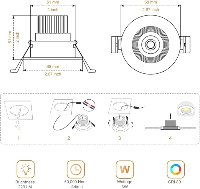 2Inch LED Recessed Ceiling Light, 3W Dimmable LED Downlight, 60 Beam Angle COB Recessed Lights with Driver, Warm White 3000K-3500K, 25W Halogen Bulbs Equivalent for Ceiling Lighting, Silver 6Pack