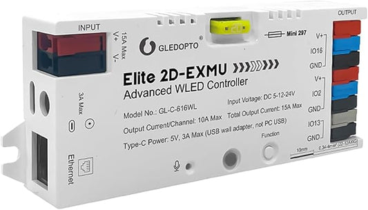 GLEDOPTO Elite ESP32 WLED LED Controller Ethernet WiFi Network Built in I2S Mic 20A Fuse Energy Saving Relay Level Shifter IC ESD Chip Work with Addressable Digital RGB IC WS2811 WS2815 SK6812 etc
