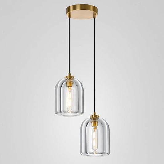 2 Head K9 Crystal Pendant Light with Brass Rod,5.1" Dimmable Contemporary Cylinder Light Above Dining Table,Modern Ceiling Hanging Lighting for Bedroom E12 Bulbs Included
