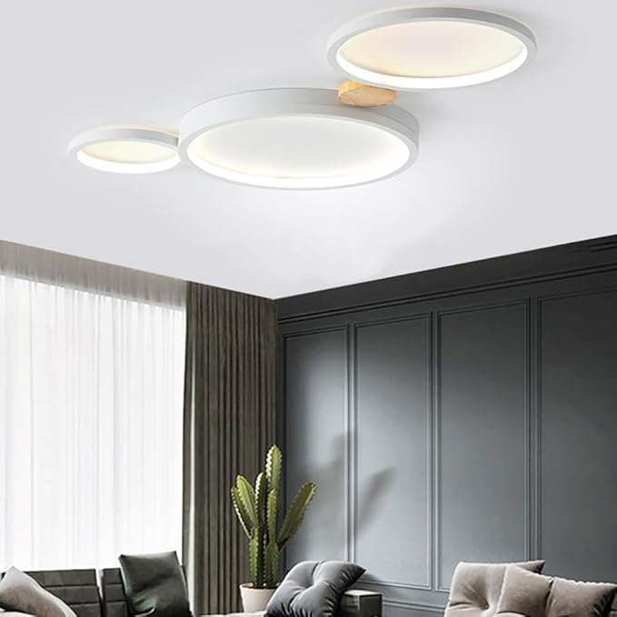 3-Lights LED Ceiling Light Fixture,22 Inch Modern Ceiling Lights Flush Mount Wooden 20W Dimmable Chandelier for Living Room Bedroom Kitchen,3000K/4000K/6000K Temperatures Selectable White