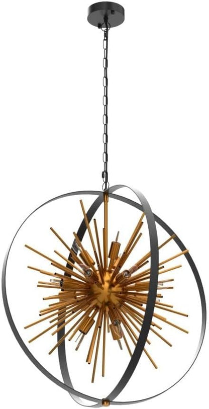 23.2" Black Gold Globe Sputnik Chandelier, 12-Light Mid Century Modern Industrial Starburst Golden Metal Satellite Light Fixture for Entryway Foyer Bedroom Dining Living Room Hallway, E12