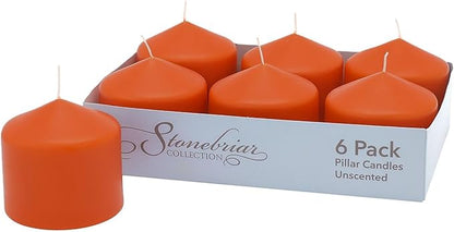 Stonebriar Unscented Pillar Candles – 18 Hour Burn Time, Long-Lasting Wax Candles for Weddings, Holidays, Home Décor & Special Events, Pack of 6, Orange, 3" x 3"