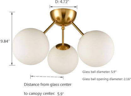 HOLKIRT Classic Mid Century Modern Globe Semi Flush Mount Ceiling Light Sputnik Chandeliers,White Frosted Glass Gold Finished for Living Room Dining Room Bedroom 3- Light
