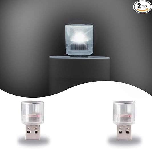 USB LED Car Interior Night Light, 2 PCs, Atmosphere Lamp, Mini Decoration Lights, Ambient Atmosphere Night Lamp, USB Night Light for All Car Interiors (White)
