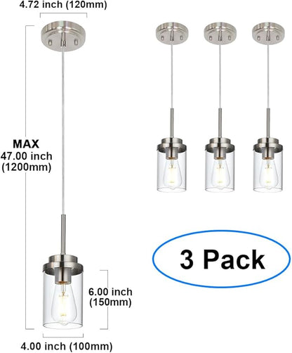 MELUCEE 3 Pack Hanging Pendant Lighting Fixtures Brushed Nickel, Adjustable Hanging Ceiling Lamp with Clear Glass Shade, Modern Pendant Light for Kitchen Island Dining Room Hallway