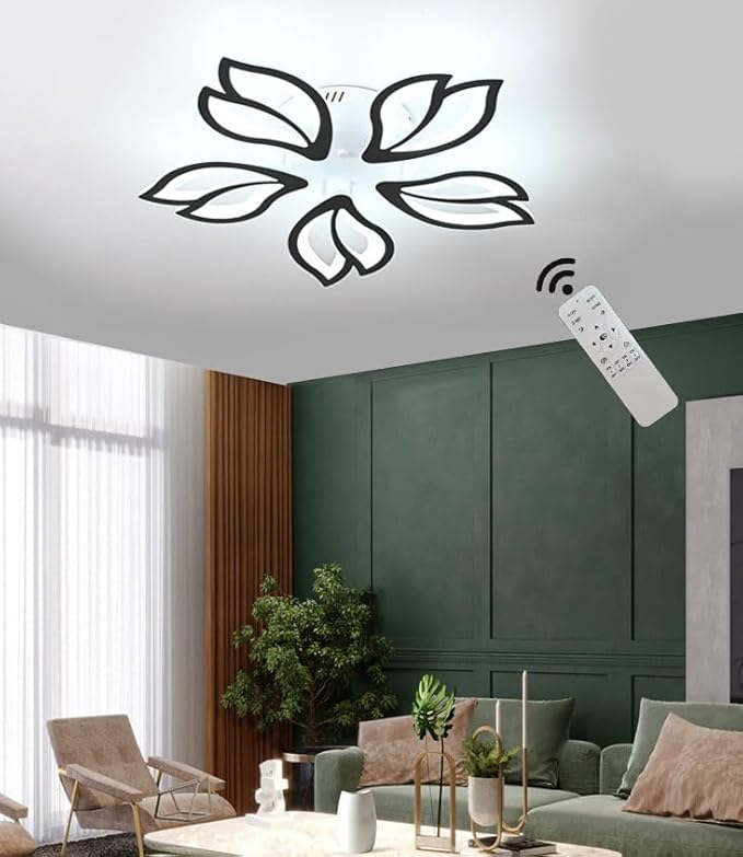 Led Modern Ceiling Light Flush Mount Black 5-Leaf Lights Ceiling Lamp Dimmable with Remote Chandelier 25.59in for Bedroom Living Room Kitchen Dining Room Office