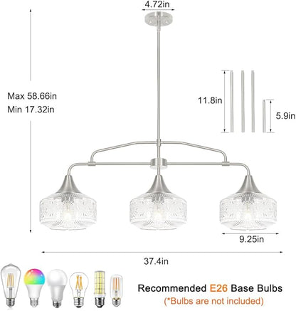 3-Light Island Light for Kitchen, Adjustable Farmhouse Kitchen Island Lighting with Clear Glass, Brushed Nickel Dining Room Light Fixture Over Table, Linear Chandelier Pendant Lighting over Sink