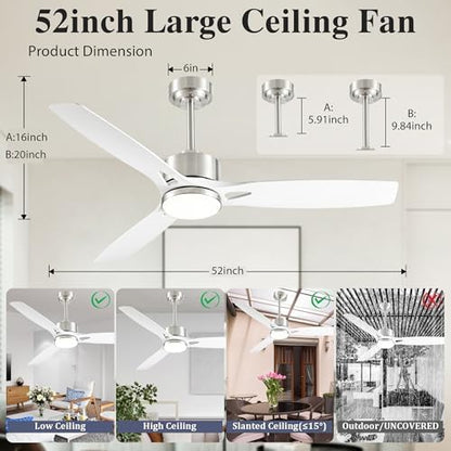 52 Inch Ceiling Fans with Lights and Remote Control - Outdoor Indoor Flush Mount Low Profile Silver White Ceiling Fans for Living Room,Bedroom,Patio