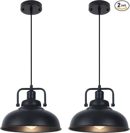 Black Farmhouse Pendant Light 2pack, 11.4in Vintage Kitchen Pendant Light Fixture, Adjustable Height, Modern Pendant Lighting, Metal Pendant Lights for Kitchen Island, Dining Room E26 Base