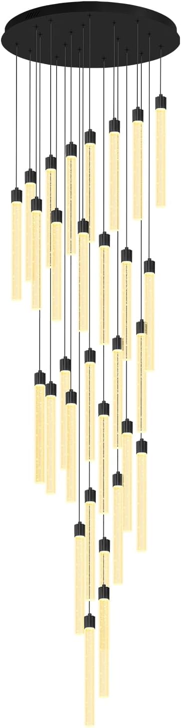 177‘’ Long Crystal Column Chandelier 30-Light Extra Large Black Staircase Chandelier High Ceiling Dimmable Led Ceiling Lighting Foyer Entryway Light Source is Replaceable