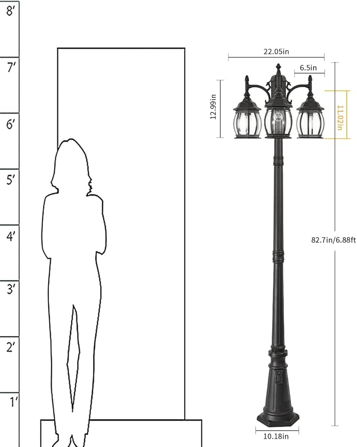 Dusk to Dawn Vintage Outdoor Post Light 82.7"H 3-Headed Lamp Post with Outlet IP65 Waterproof Street Lantern 3 Light Black Clear Glass Outdoor Lamp Post Lights E26 Outdoor Street Light Yard
