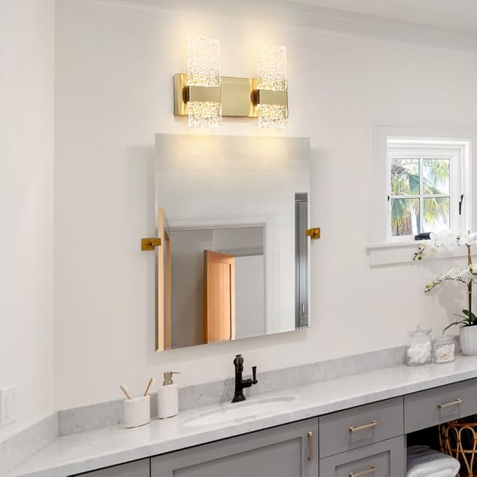 Modern Polished Gold 2 Lights Bathroom Vanity Light, Eleglant LED Bathroom Light Fixtures Over Mirror, Dimmable Acrylic Shade Wall Lighting Fixtures, Hardwired Wall Light(H9.25in, L13.78in)