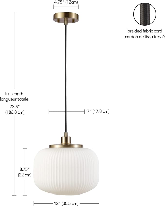 Globe Electric 65842 1-Light Pendant Lighting, Matte Brass, Frosted Ribbed Glass Shade