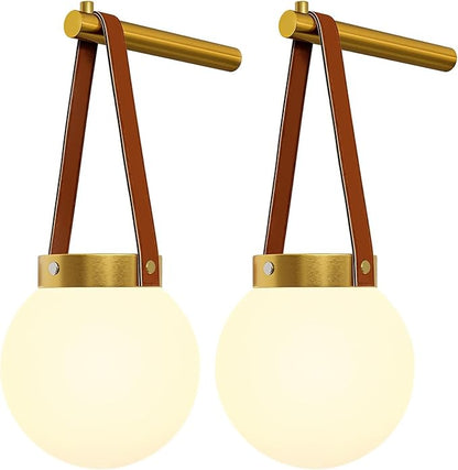 Battery Operated Wall Sconces Set of 2, Gold Wall Lamps for Bedroom with Remote Control Warm/Natural/Daylight/RGB 15 Colors Dimmable Rechargeable Wireless Globe Wall Lights Retro Living Room Hallway