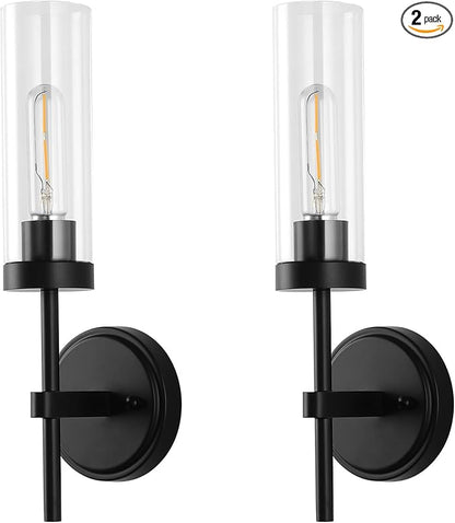 WILON Wall Sconces 2 pcs, Bathroom Sconces Vanity Light Fixtures with Clear Glass Shades, Indoor Rustic Farmhouse Wall Lamps for Bedroom Living Room Bathroom Bedside Hallway Mirror, Black