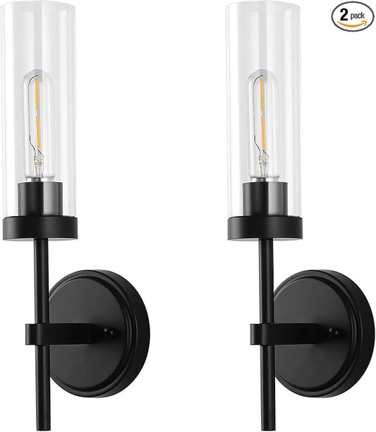WILON Wall Sconces 2 pcs, Bathroom Sconces Vanity Light Fixtures with Clear Glass Shades, Indoor Rustic Farmhouse Wall Lamps for Bedroom Living Room Bathroom Bedside Hallway Mirror, Black