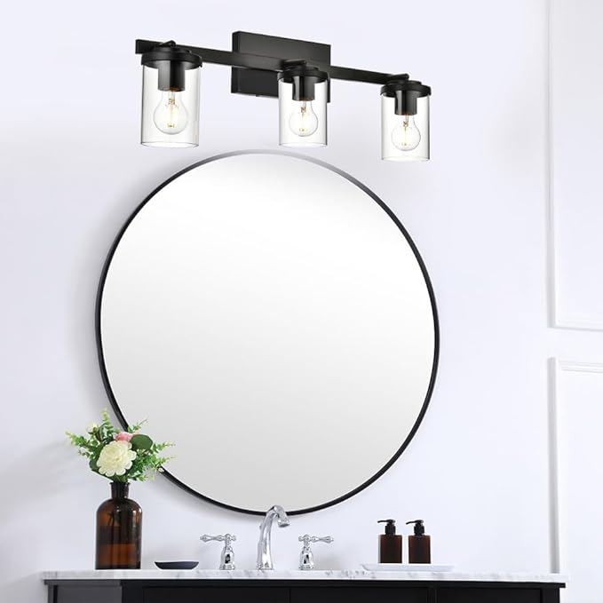 BONLICHT Industrial Vintage Indoor Wall Mount Spotlight 3 Light Modern Semi Flush Mount Ceiling Light Black Adjustable Track Lighting Kit Rustic Bathroom Vanity Light Fixture with Clear Glass Shade