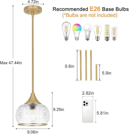 Gold Pendant Light - Modern Pendant Lights Kitchen Island with Handblown Glass, Vintage Hanging Light for Kitchen with Adjustable Height, Lithging Fixture for Dining Room Sink