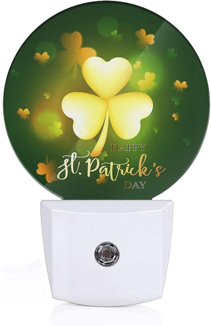 EKOBLA St. Patrick's Day Plug-in Night Light, Glitter Golden Clover Leaf LED Nightlight with Auto Sensor for Home Decor