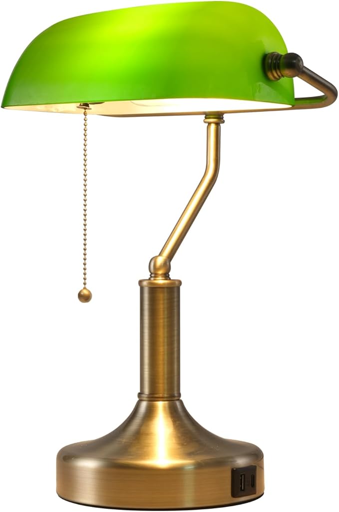 Banker Desk Lamp Green Glass, Antique Desk Lamps with Brass Base, Traditional Library Table Lamp with USB A and Type C Charging Port for Office, Study Room, Pull Chain Switch