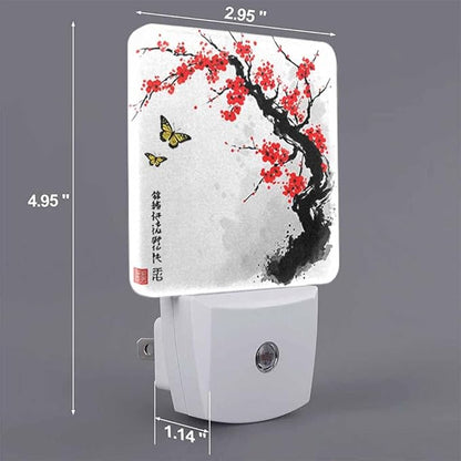 Plum Blossoms and Butterflies Night Light Red Ink Painting Style LED Night Lights Plug into Wall for Stairway Hallway Bedroom 0.5W Nightlight