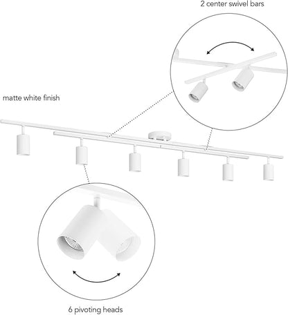 Globe Electric 64000097 64" 6-Light Track Lighting, Matte White, Center Swivel Bars, Pivoting Shades, Ceiling Lamp for Bedroom, Kitchen, Hallway, Bathroom, Den, Dining Room, Home Décor