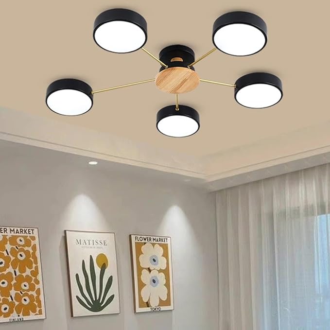 5-Lights LED Ceiling Light Fixture,32 Inch Modern Ceiling Lights Flush Mount Wooden 40W Dimmable Chandelier for Living Room Bedroom Kitchen,3000K/4000K/6000K Black