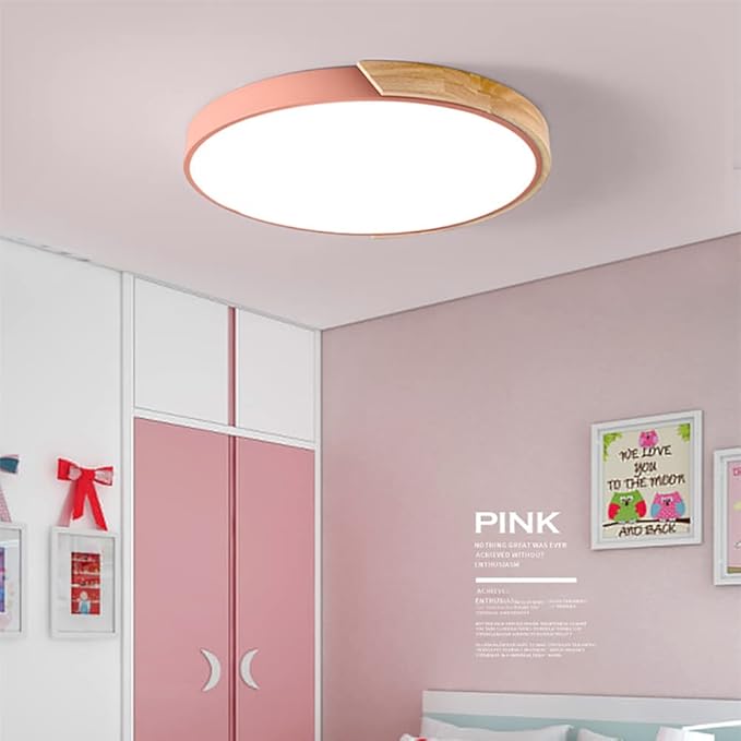 LED Ceiling Light Fixture,16 Inch Modern Wood Recessed Ceiling Lights, Dimmable Light,Pink 24W Close to Ceiling Lighting Flush Mount Living Room Bedroom,3000K-6000K