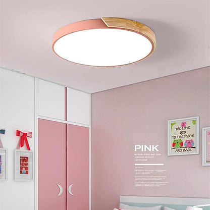 LED Ceiling Light Fixture,16 Inch Modern Wood Recessed Ceiling Lights, Dimmable Light,Pink 24W Close to Ceiling Lighting Flush Mount Living Room Bedroom,3000K-6000K