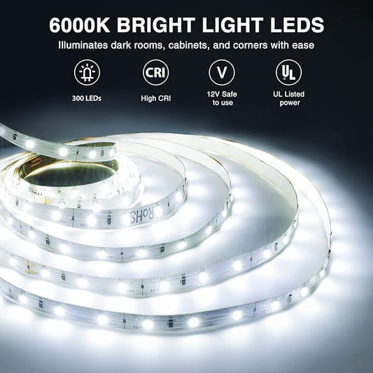 Onforu LED Light Strip,16.4ft Dimmable LED Tape Light, 6000K Daylight White Strip Lighting, 300 LEDs Flexible Vanity Mirror Light, 5M 12V Ribbon Rope Light for Bedroom, Under Cabinet,Kitchen,Christmas