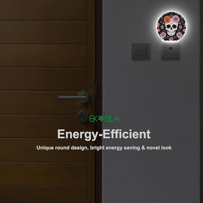 EKOBLA Floral Skull Plug-in Night Light, Skeleton & Flower LED Nightlight with Auto Sensor for Bedroom & Hallway