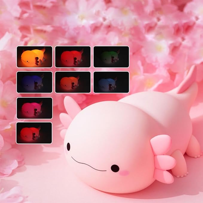 IFTHFOUR Axolotl Night Light – Cute Rechargeable Dimmable Silicone Lamp for Kids, Kawaii Bedside & Nursery Decor, Trendy for Girls & Boys (Pink)