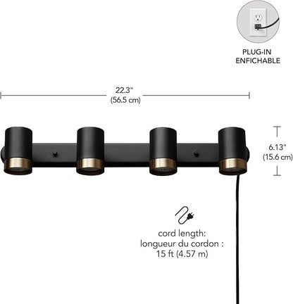 Globe Electric 64000047 22" 4-Light Plug-in Track Lighting, Matte Black, Pivoting Heads, in-Line On/Off Switch, Minimalist Ceiling Light Fixture for Kitchen Island, Hallway, or Dining Room