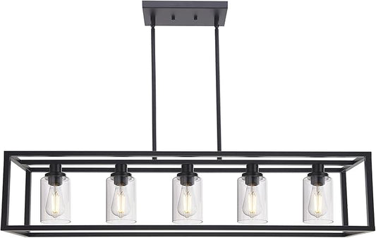 MELUCEE 36.2 Inches Length Industrial Chandelier for Kitchen Island, 5-Light Rectangle Dining Room Lighting Fixtures Hanging Black Finish, Farmhouse Pendant Light Open Metal Frame with Clear Glass